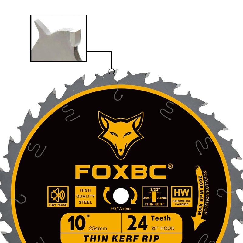 FOXBC 10-Inch Thin Kerf Ripping Table Saw Blade for Wood Cutting, 24-Tooth FTG, 5/8-Inch Arbor - Image 4
